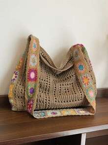 Vintage Hollow Floral Contrast Color Casual Crossbody Bag (Flower Color Position Random) - Multicolor - View 8