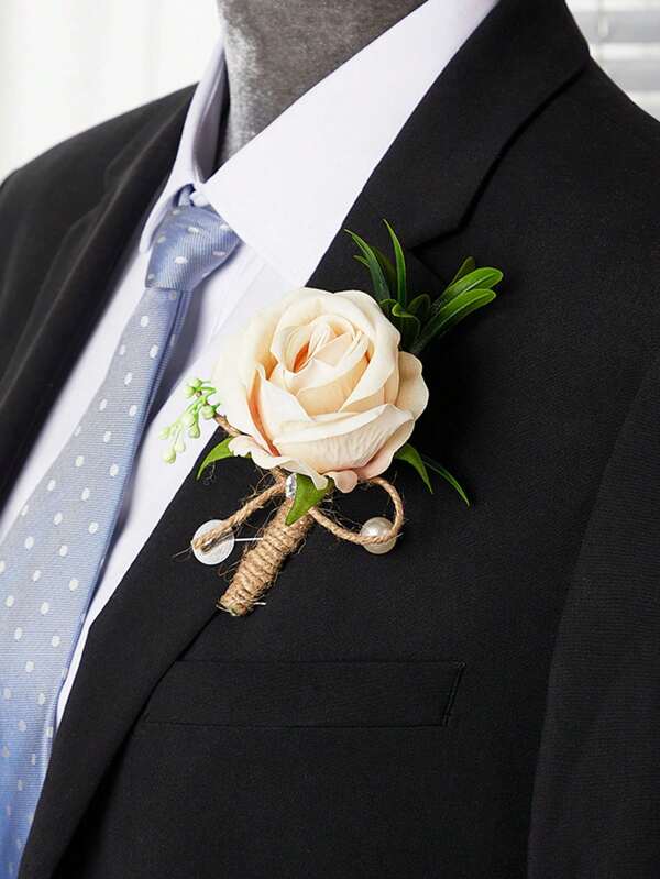 1 pieza Broche de traje con diseño de rosa simulada para bodas con temática forestal, novio y padrinos de boda, diseño creativo nuevo boutiniere europeo de alta gama para s
