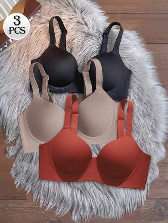 3pcs Set Non-Wired Seamless Lightly Lined Push Up Bras With Adjustable Wide Straps, Comfortable & Breathable, Elegant Solid Color Underwear For Women, Black/Red/Gray