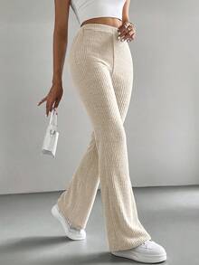 Pantalones acampanados de cintura alta negros para mujer, Pantalones de mujer negros tejidos ajustados y acampanados, de moda y versátiles - Beis - Ver 1