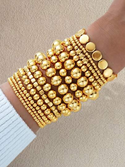 13/6pcs Bohemian Style Women's CCB Beaded Bracelet Set, Minimalist Star, Heart, Round Bead Design, Lightweight & Elegant, Suitable For Daily Life And Party Jewelry, Ideal Teenage Girl Jewelry Gift