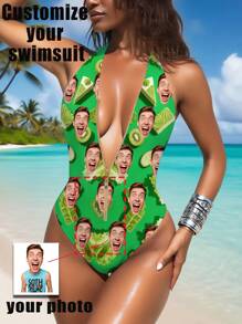 1 pieza Traje de baño personalizado para mujer, con diseño personalizado en la parte frontal, traje de baño con cremallera y espalda descubierta, traje de baño de cintura alta sin mangas, sexy, femenino, para piscina, playa, vacaciones, ropa de baño para chicas