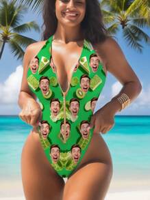 1 pieza Traje de baño personalizado para mujer, con diseño personalizado en la parte frontal, traje de baño con cremallera y espalda descubierta, traje de baño de cintura alta sin mangas, sexy, femenino, para piscina, playa, vacaciones, ropa de baño para chicas