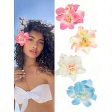 4pcs/1set Hawaiian Flower Hair Clips, Women Artificial Tropical Flower Hibiscus Hair Claws For Beach Holiday Party Boho Style, Fashion, Elegant, Minimalist, Solid Color, Suitable For Daily, Casual, Party, Commute, Vacation, Bun, Ponytail, Face Washing, Makeup, Outfit Accessories - 4 màu (4 cái) - Xem 1
