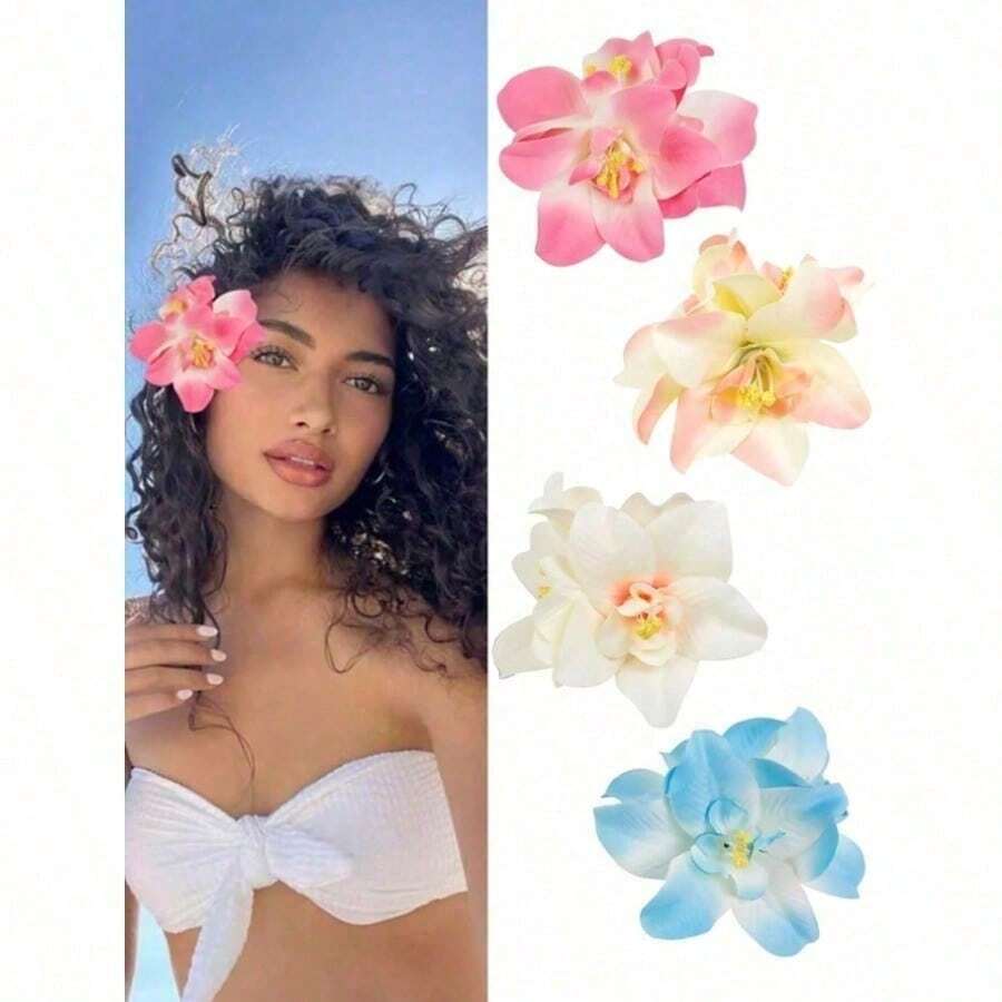 4pcs/1set Hawaiian Flower Hair Clips, Women Artificial Tropical Flower Hibiscus Hair Claws For Beach Holiday Party Boho Style, Fashion, Elegant, Minimalist, Solid Color, Suitable For Daily, Casual, Party, Commute, Vacation, Bun, Ponytail, Face Washing, Makeup, Outfit Accessories - 4 màu (4 cái) - Xem 1