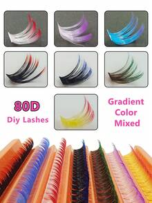 Asiteo 126 Cluster D-Curl 80D Ombre Colorful Lightweight Faux Mink Cluster Lashes - DIY Reusable False Eyelashes, Suitable For Music Festivals, Pre-Fanned Segmented Self-Lash, Easy To Create Perfect Makeup At Home - D - 查看 2