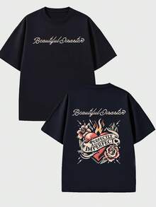 Camiseta 100% algodón de 220g con diseño de corazón estilo tatuaje "Beautiful Disaster", impresión a doble cara, adecuada para eventos con temática de rock - Negro - Ver 1