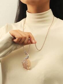 1pc New European And American Style Delicate Full Diamond & Rhinestone Owl Pendant Necklace, Fashionable All-Match Long Chain For Women