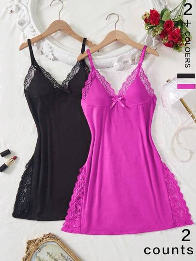 2pcs Lace Patchwork Bowknot Decor Romantic Side Slit Strap Nightgown