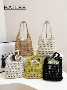 BAILEE 1 件全新米色镂空编织沙滩钱包，优雅轻便耐用单肩托特包，适合女士夏季海滩外出、度假和日常使用沙滩包 - 彩色 - 查看 2