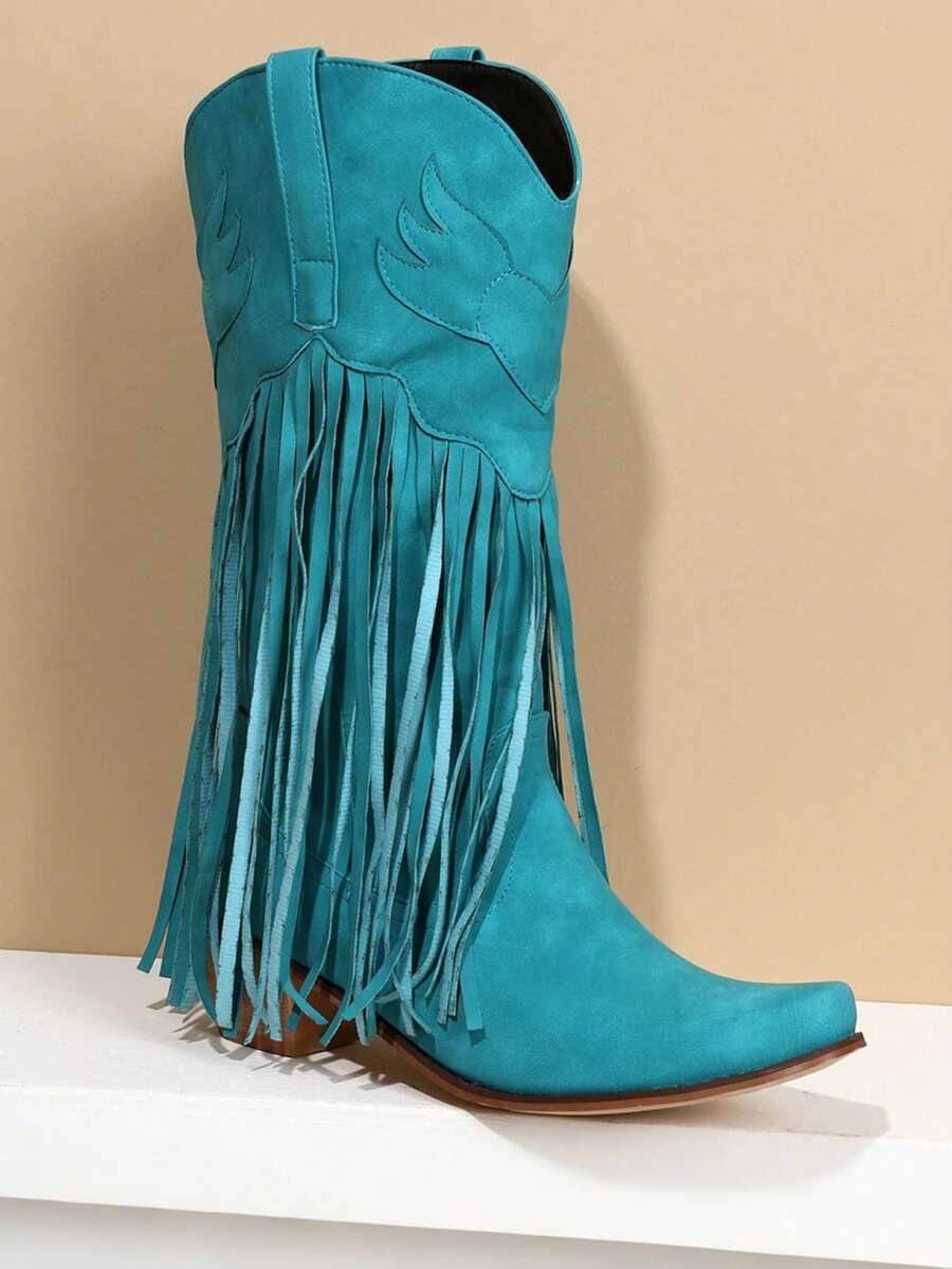 Fringe Mid Calf Boots For Women Cowboy Embroidered Chunky Heel Western Tassel Boots Women Cowgirl Party Vacation Riding Boots - 藍色 - 查看 1