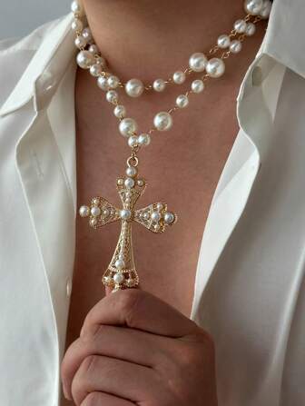 2 件时尚奢华百搭仿珍珠十字架项链，时尚嘻哈简约多层颈链，适合男士，适合所有场合，男士必备