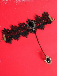 1 pieza Brazalete de dedo con estilo gótico oscuro, estilo europeo y americano retro, encaje y rosa roja para Halloween para mujer - Negro - Ver 3