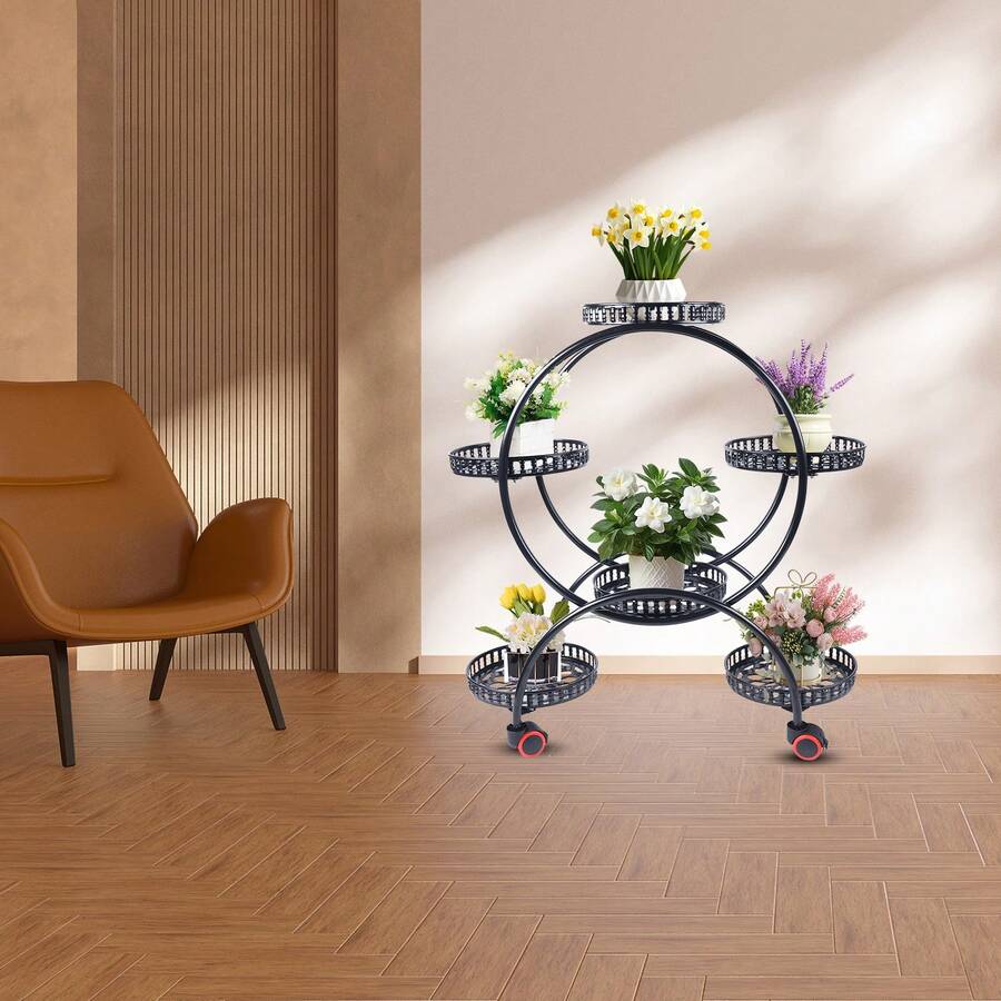 Metallständer für 6 Topfpflanzen, mehrere Blumentopfhalter, Regale, Pflanzgefäßregal, Aufbewahrungs-Organizer, Display für den Innen- und Außenbereich, Garten, Balkon - Schwarz - Übersicht 1