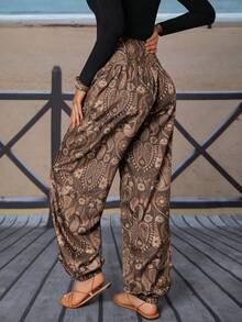 Paisley Print Full Body Pocket Zipper Pant Spring - Brown - View 2