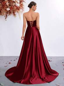 ADYCE Robe maxi élégante sans bretelles à encolure en V, taille haute, fendue dans le dos avec nœud, convient pour les bals, le Nouvel An et autres occasions