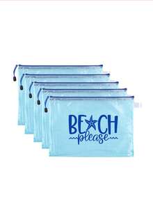 A4尺寸时尚防水PVC沙滩包，印有“Please Beach”字样，配有透明化妆袋和尼龙拉链，是游泳、潜水和夏季度假的理想之选——轻便易携，适合所有年龄段，是沙滩包配件、旅行必备、度假必备、假日旅行包、书包、返校用品、洗漱包和防水洗漱包的理想之选。 - 彩色 - 查看 8