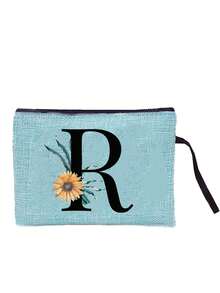 Sunflower & Daisy, Letter A-Z Print Blue Linen Tote Bag, Perfect Holiday Gift, Multifunctional Portable Handbag/Shoulder Bag, Fashion Minimalist Linen Bag, Large Capacity Storage Bag, Gift For Women, Teacher's Day Gift, Cosmetic Bag - Blue - View 35