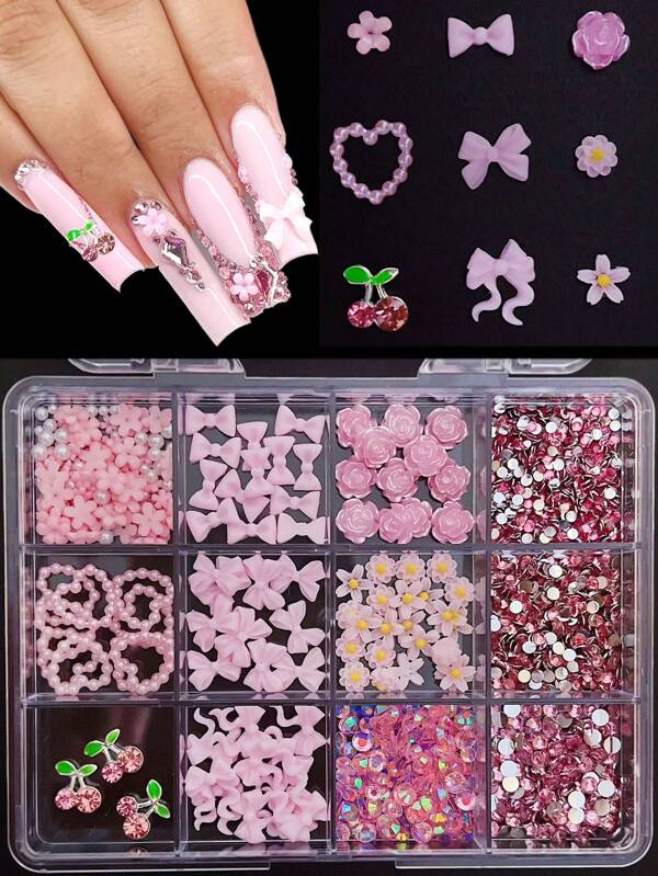 1 Box Of Random Mixed Pink Resin Bow Flowers Pearls Rhinestones Nail Charms Pink Bow Pearl Heart Cherry Nail Art Decorations Accessories Nail Art Charms