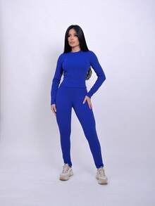 Ana Ruga Cropped Long Sleeve Simple None Beach Set - azul real - Ver 1