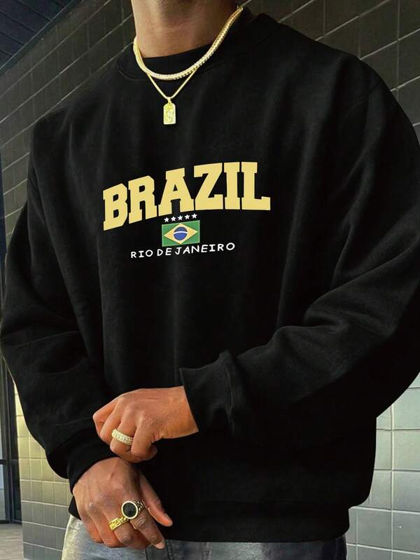 Plus Size Men's Casual Round Neck Sweatshirt, Brazil Graphic Print, Urban Street Style Sporty Pullover For Spring, Summer, Autumn, Winter