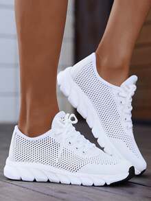 Women's White One-Piece Knitted Upper, Lightweight Breathable Outdoor Road Running Shoes, Comfortable Soft Simple Stylish Lace-Up Lady Shoes, Casual Couples Sports Sneakers - White - View 5