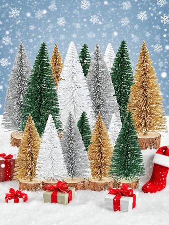 10/15cm 6pcs Mini Christmas Trees, Artificial Christmas Tree Bottle Brush Trees Christmas With 2 Sizes, Sisal Snow Trees With Wooden Base For Christmas Decor Christmas Party Home Table Craft Christmas Decorations Home Christmas Gifts Christmas Decor