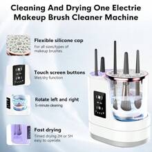 FollowBreak 三合一电动化妆刷清洁器，带化妆刷空气干燥器，USB 供电便携式自动化妆刷清洁工具，慢速旋转，LCD 显示屏，适用于中小型美容化妆刷