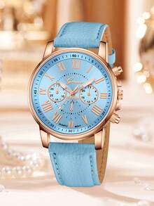 GAIETY 5 件女士蓝色表带时尚休闲罗马数字刻度石英表蝴蝶手链项链耳环首饰套装适合日常佩戴装饰或节日礼物 - 藍色 - 查看 2