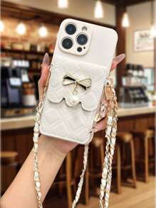 1pc Bow Pearl Crossbody Bag, Solid Color Straight Edge Beige Minimalist Anti-Drop Thick Phone Protective Case With Printed Design Compatible With IPhone 6/6 Pro Max/XR/7/8, IPhone 15 Pro Max/12 Pro Max/13 Pro Max/14 Pro Max, 13/14/11/12P/14, P11 Soft Case, P12 Anti-Drop, XS.XR, Suitable For A13 4G, A22, A21S, A51 4G, A52, S22 Ultra, A33 5G, A23/S23 Ultra, S24, A14, A15, S23, A73S Phones