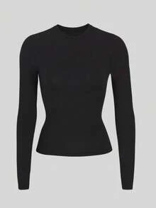 1 件女士加大码纯色时尚圆领长袖，适合休闲、运动、打底、加大码 T 恤，秋冬