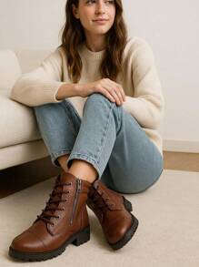 Women's Combat Boots With Zipper, Lace-Up, Tractor-Mode Winter Military Fashion, Comfortable