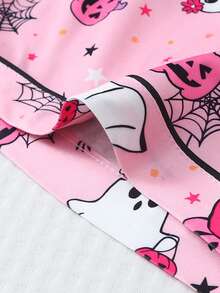 2pcs/Set Funny Pink Ghost & Pumpkin Print Short Sleeve Polo Collar Top And Bow Shorts Pajama Set For Women, Suitable For Halloween