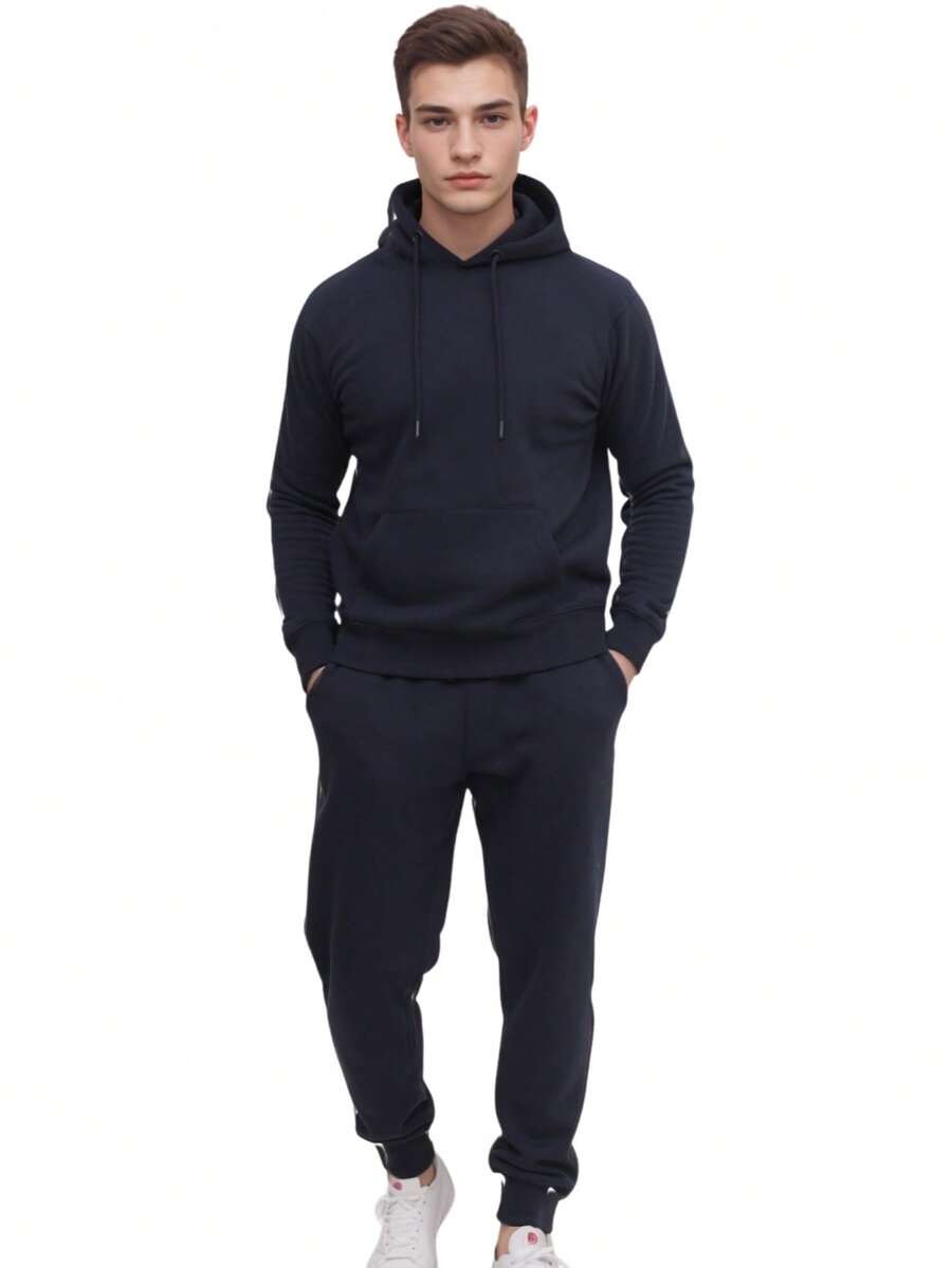 COUDER Men's Hooded Tracksuit Sweatshirt & Plain Jogger Pants 2Pc Set With Pocket, Solid Colour And Drawstring - Navy Blue - View 1