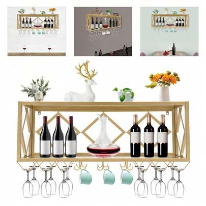 Industrial Wall Mounted Wine Rack - Elegant Gold Floating Shelf For Home & Restaurant, Holds 12 Goblets & Mugs, Sturdy Iron Design, Easy Installation, Perfect For Wine Enthusiasts