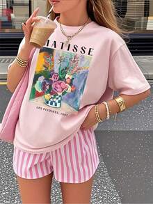 1 Pack Girls Casual Printed Crew Neck Short Sleeve T-Shirt Summer Student Youth Clothing - Hồng - Xem 1