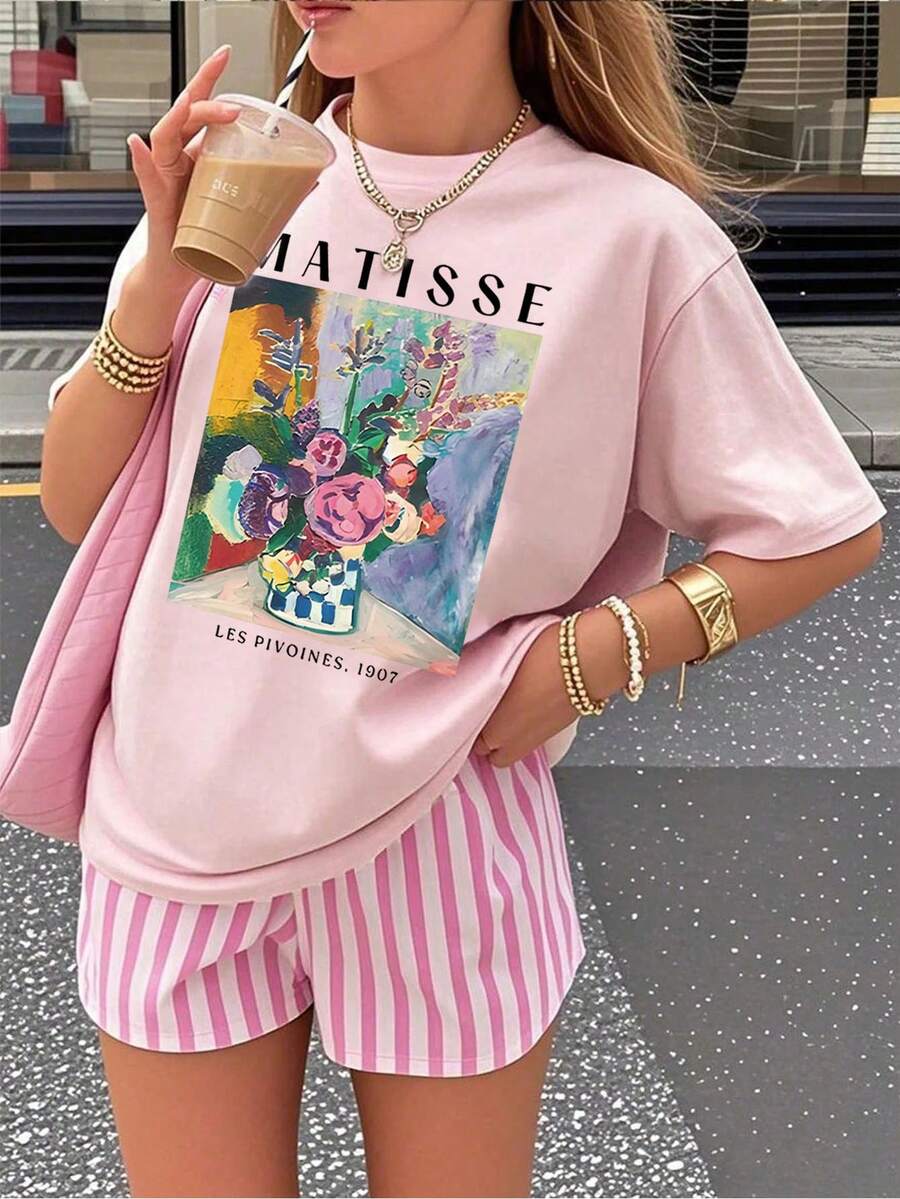 1 Pack Girls Casual Printed Crew Neck Short Sleeve T-Shirt Summer Student Youth Clothing - Hồng - Xem 1