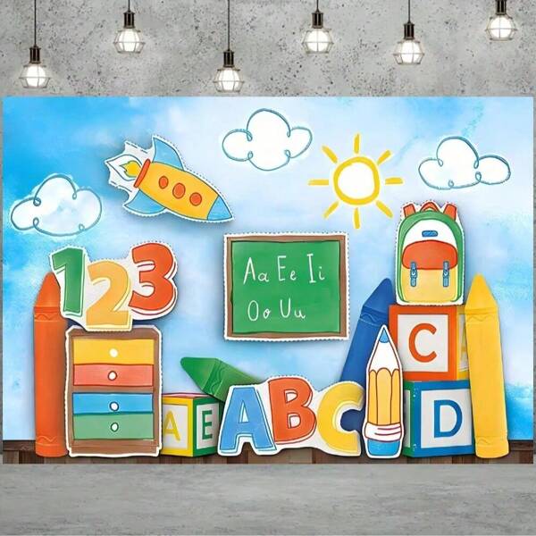 1pc Back-To-School Photography Background Banner, Blue Sky, White Clouds, ABC Letters, Colorful Crayon Design, Suitable For Parties, Classroom Decoration, Party Photography Background, Party Decorations, Universal Theme