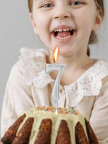 白色、黑色、银色小数字生日派对主题周年纪念蛋糕装饰蜡烛 - 銀色 - 查看 6