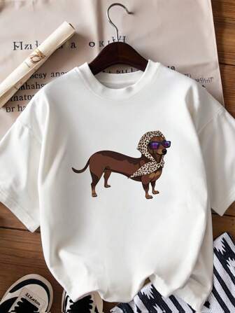 Plusstorlek Dam Sommar Ny Lös T-shirt, Tax Och Glasögon Tryck, Vit Kortärmad Mönster Kortärmad, Dagligen Mångsidig