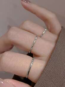 Fashionable Stainless Steel Silver Thin Band Cubic Zirconia Stackable Rings Set, Suitable For Women's Daily Wear, Gift