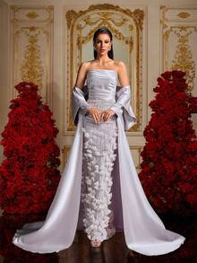 A Light Gray 3D Petal Beaded Embroidery Satin Strapless Long Cape Mermaid Luxury Evening Gown Party Spring Wedding - Mauve Purple - View 8