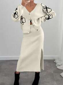 مجموعة قطعتين لفصل الخريف/الشتاء: كارديجان محبوك بنقشة زهور سوداء وبيضاء مع تنورة قلم أنيقة