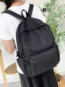 1 szt. Czarny nylonowy materiał, gładki zamek błyskawiczny, nadruk liter, dekoracja, sznurek ściągający, modny, jednolity kolor, duża pojemność, plecak unisex z przegrodą na komputer - Czarne - Zobacz 11