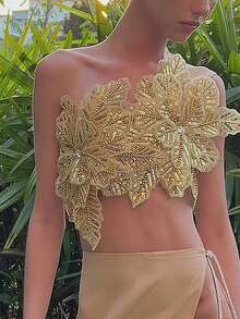 Women's 3D Flower Gorgeous Sequin Decor One Shoulder Sleeveless Bandeau Top Slim Fit Going Out Party Camisole - 金色 - 查看 5