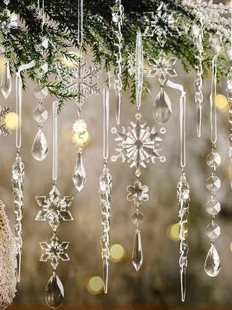 18pcs Christmas Tree Decoration Crystal Ornaments - Hanging Acrylic Christmas Snowflake Icicle Drop Crystal Christmas Ornaments For Xmas Tree Winter New Year Party Supplies,For Winter Wonderland Chandelier Crystals Decorations Supplies,Christmas Decorations