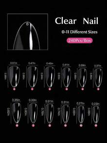 240片尖头美甲贴纸，带收纳盒，全覆盖，12种尺寸，预成型长透明软胶美甲贴纸，亚克力按压式美甲贴纸，适用于美甲沙龙和家庭DIY使用 - 無色 - 查看 3