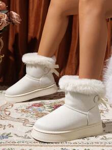 2025 Botas de nieve populares de unicolor con lazo, suela gruesa y esponjosa, botas cortas de invierno para mujer con forro grueso para fiestas/uso casual, para ir al trabajo/esquí al aire libre con suela antideslizante de algodón con forro polar