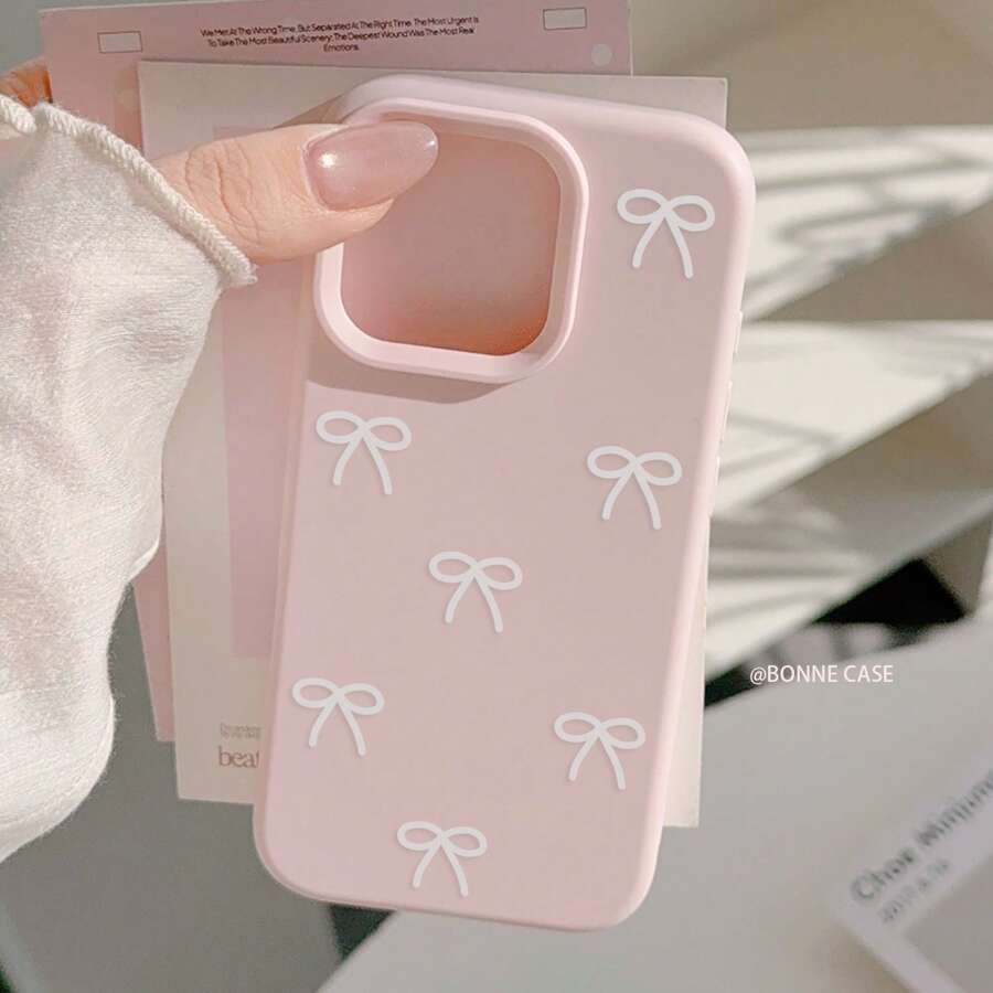 1pc Small Pink Bow & Blue Lace Bow Decor Phone Case Compatible With Apple