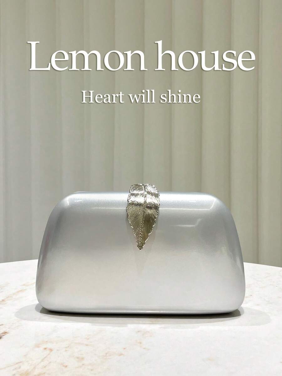 1 件银色优雅复古反光 PU 金属叶扣晚宴手拿包，适合宴会、婚礼等正式场合 - 銀色 - 查看 1